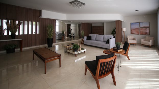 A spacious and luxurious living room featuring stylish furniture and elegant decor elements for a modern home.
